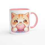 a white and pink coffee mug with a cat on it