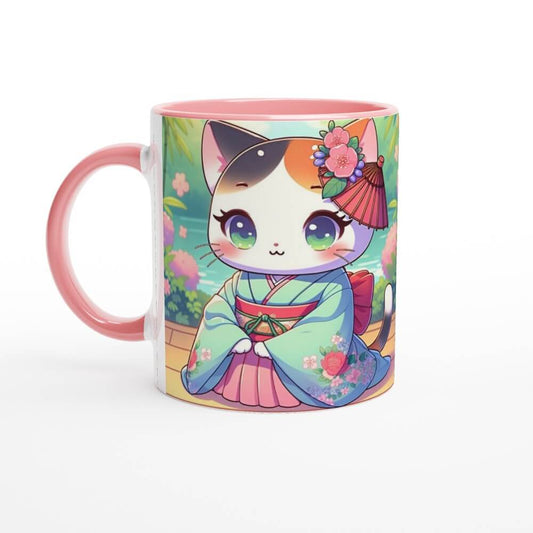 Charming Kawaii Cat Mug - Traditional Japanese Attire Design 11oz Ceramic Cup - 