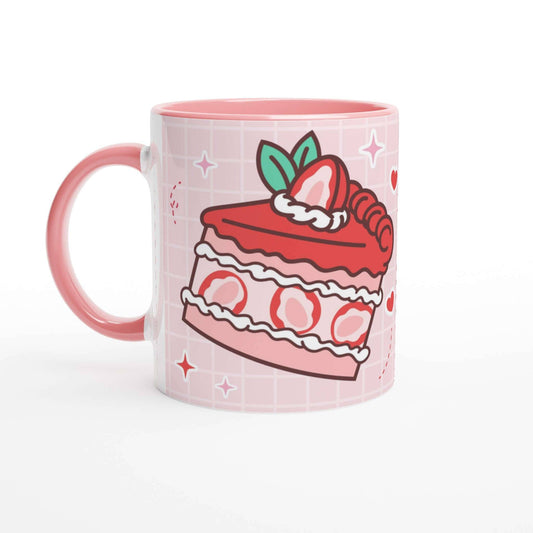 Kawaii Strawberry Cake Design Mug - 11oz Ceramic Cup with Pink Background - 