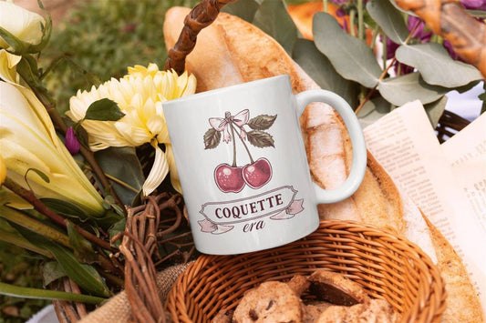 Vintage Cherry Coquette Mug - Chic and Playful Ceramic Favorite Coffee Cup - 