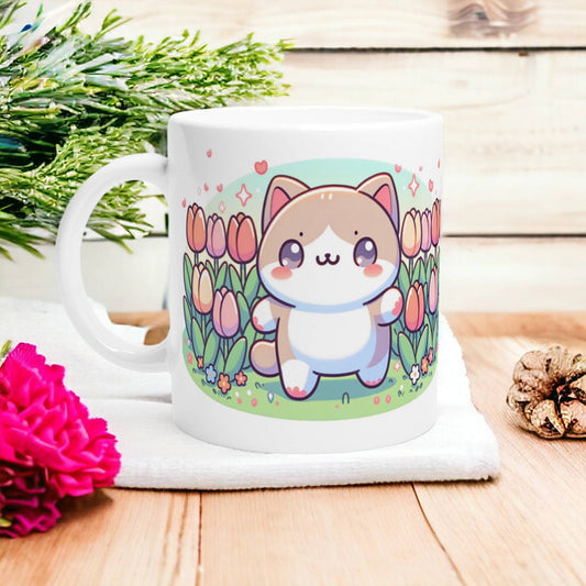 Wholesome Tulip Cat Mug - Pastel Kawaii Charm