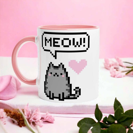 Pixel Purrfection: Pink Pixel Art Cat Mug - ‘MEOW’ Design