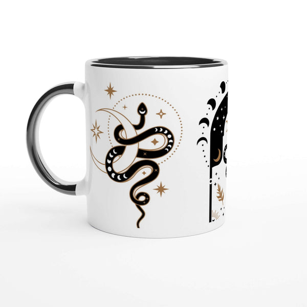 a black and white coffee mug with a design on it