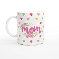 Colorful Mother's Day Mug: Vibrant 'Mom' Design with Hearts and Flowers