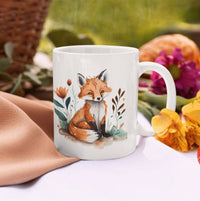 a coffee mug with a picture of a fox on it