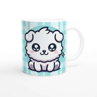 Kawaii Dog Bliss - Ceramic Mug with Blue Background -