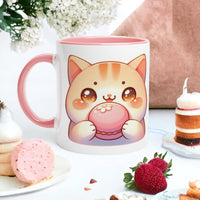 a pink coffee mug with a cat on it