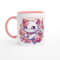 Sakura Cat Serenity: Ceramic Mug with Colored Accents