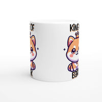 a white coffee mug with a cartoon bear on it