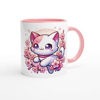 Sakura Cat Serenity: Ceramic Mug with Colored Accents