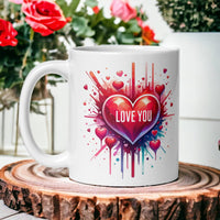 a white coffee mug with a red heart on it