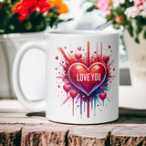 a white coffee mug with a red heart on it
