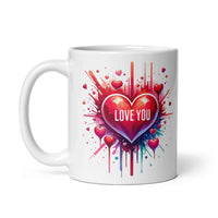 a white coffee mug with a red heart and the words love you on it
